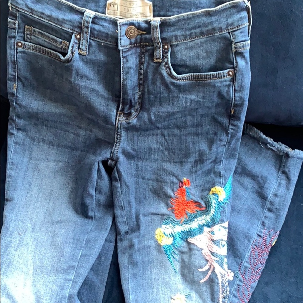 Free People Embroidered Rooster Jeans